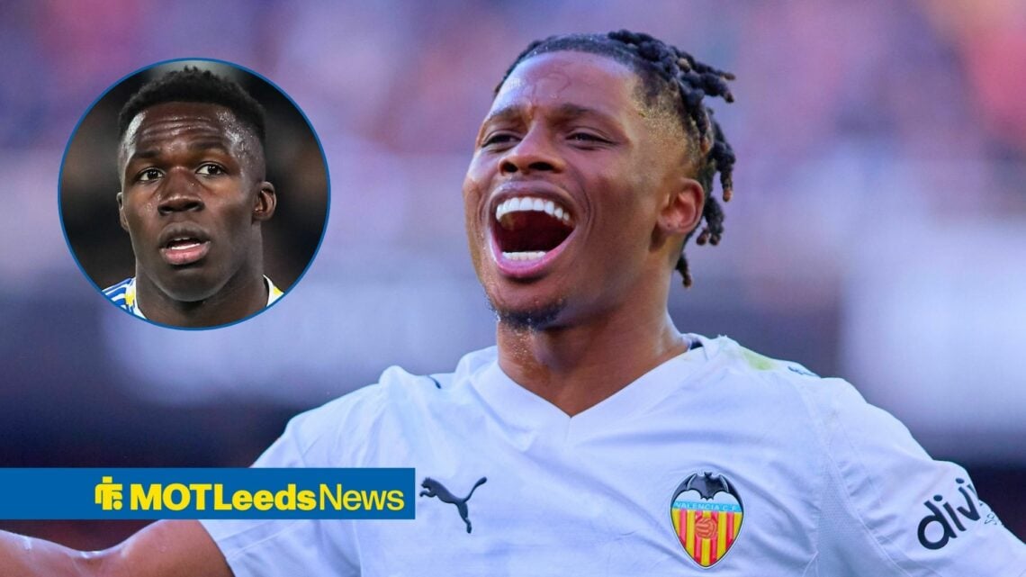 Largie Ramazani playing for Valencia as main image with Leeds United winger Wilfried Gnonto in circular inset on the left
