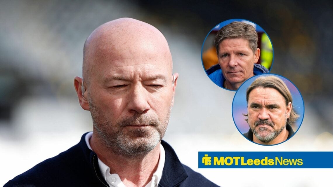 Alan Shearer as main image with Oliver Glasner and Leeds United boss Daniel Farke in two circular inset