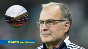 Marcelo Bielsa smiles in Leeds United training gear, Wembley stadium in inset.