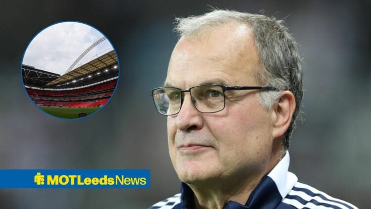 Marcelo Bielsa smiles in Leeds United training gear, Wembley stadium in inset.