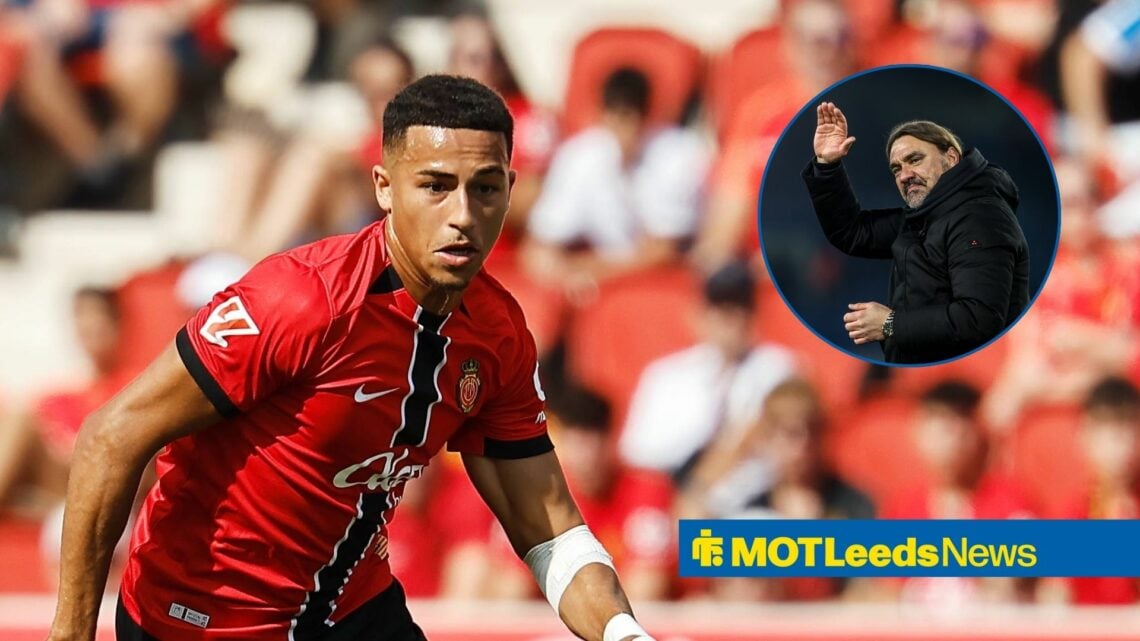 Mateo Joseph in the Spanish La Liga match between RCD Mallorca and RC Celta de Vigo, Leeds United boss Daniel Farke waving in inset.