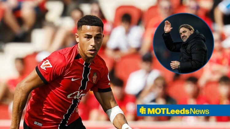 Mateo Joseph in the Spanish La Liga match between RCD Mallorca and RC Celta de Vigo, Leeds United boss Daniel Farke waving in inset.