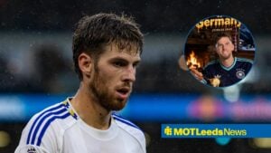 Anton Stach looking towards a circular frame, which includes his Instagram image