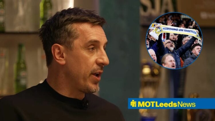 Gary Neville looks towards a circular frame inset of Leeds fans celebrating