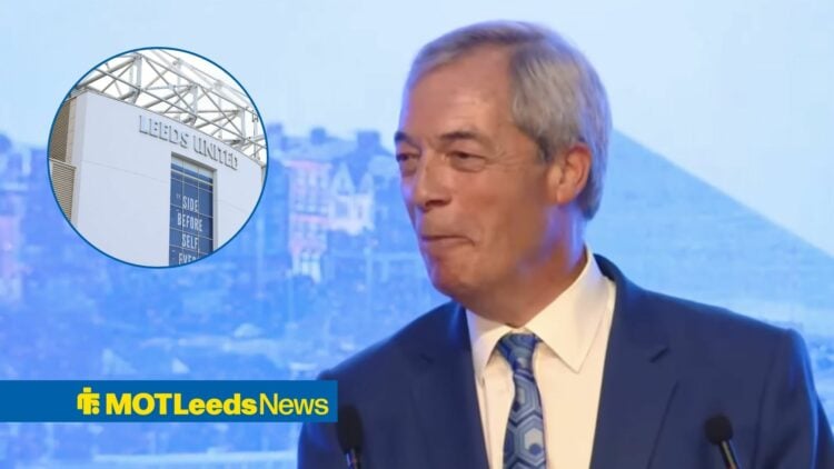 Nigel Farage laughing at Reform Scotland’s 2026 Conference, Leeds United's Elland Road home in inset.