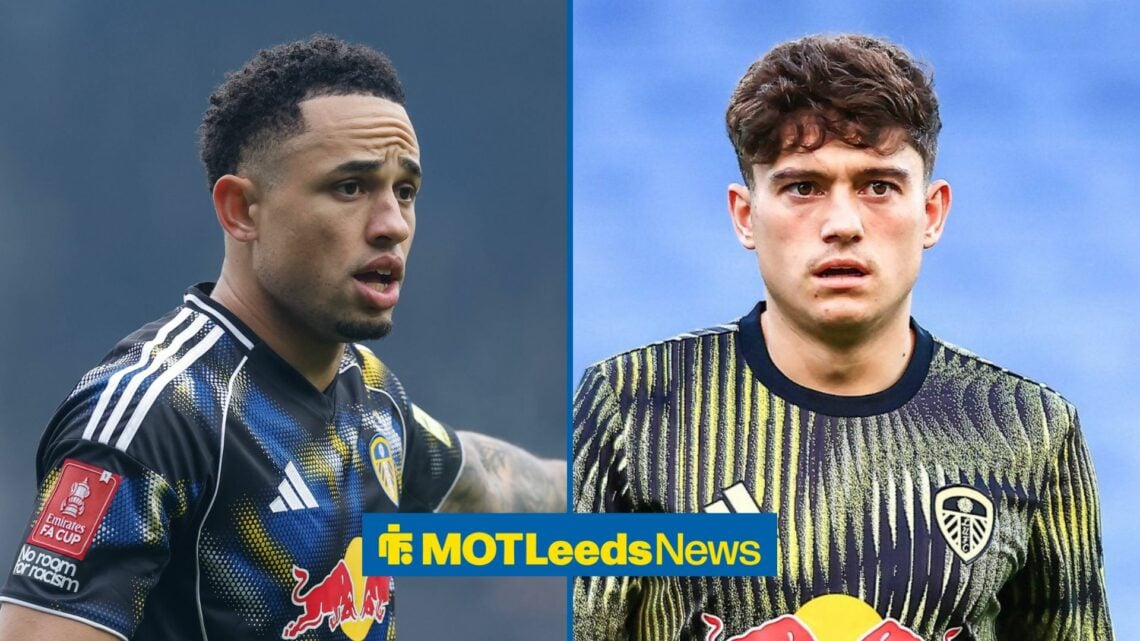 Noah Okafor of Leeds United during the Birmingham City vs Leeds United FA Cup match, Dan James in Leeds training gear.