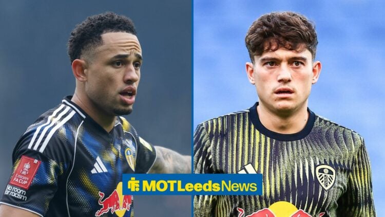 Noah Okafor of Leeds United during the Birmingham City vs Leeds United FA Cup match, Dan James in Leeds training gear.