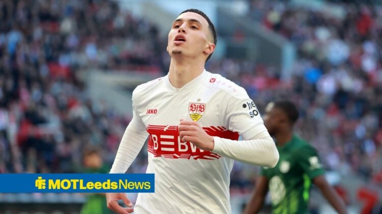 Bilal El Khannouss in action for Stuttgart against VfL Wolfsburg.