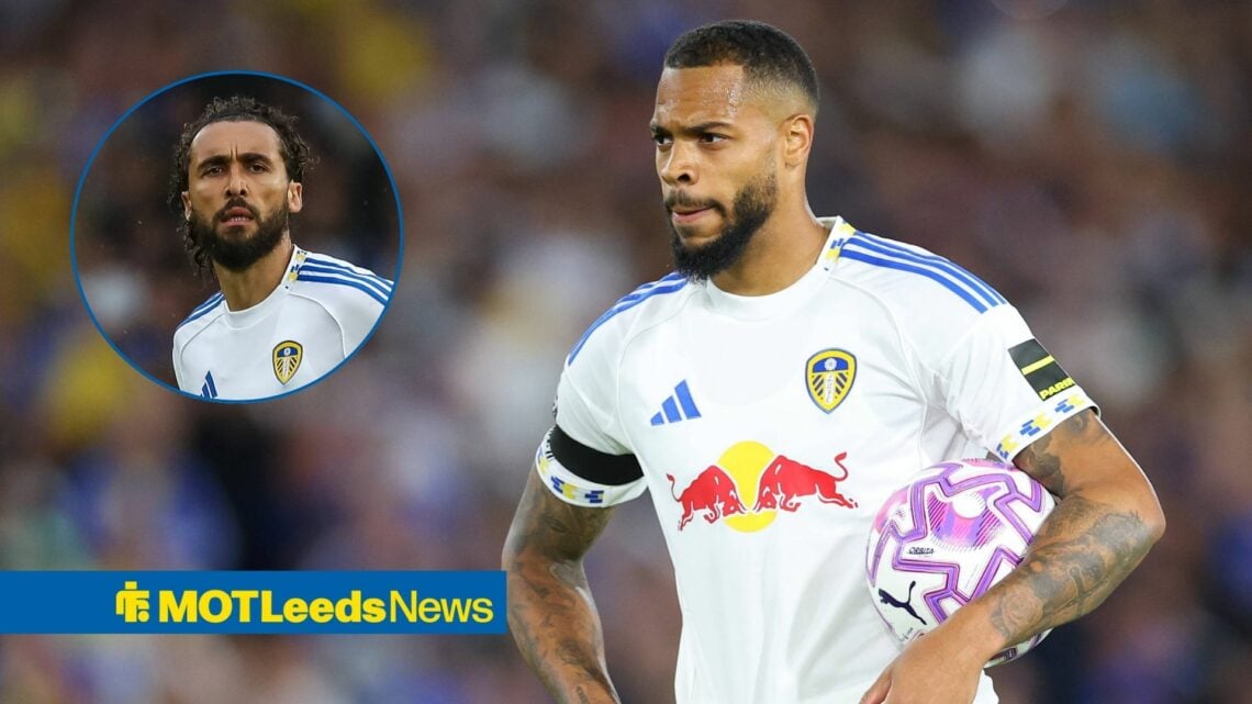 Leeds United striker's Lukas Nmecha and Dominic Calvert-Lewin both looking at each other in a 2025-26 home strip.