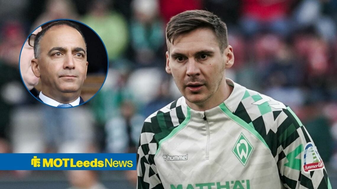Leeds United loanee Max Wober warming up in Werder Bremen training gear, as Paraag Marathe looks at him through small inset on left.