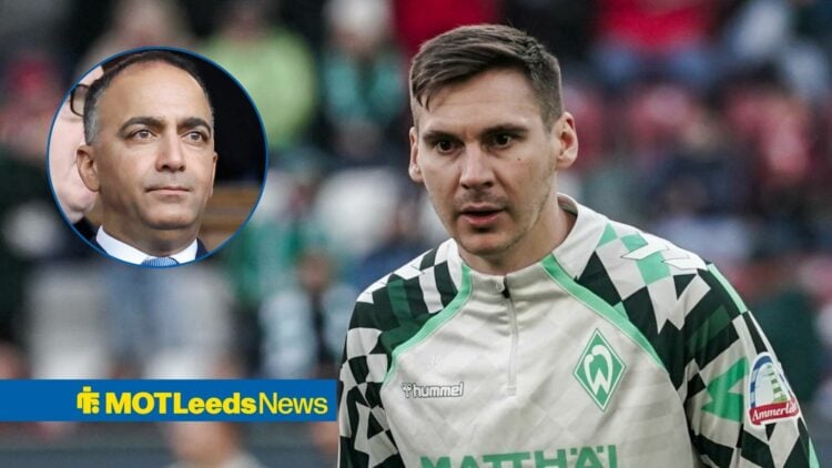 Leeds United loanee Max Wober warming up in Werder Bremen training gear, as Paraag Marathe looks at him through small inset on left.