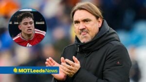 Daniel Farke, Leeds United manager, looking in the direction of his player, Daniel James, who is in his Wales national team jersey.