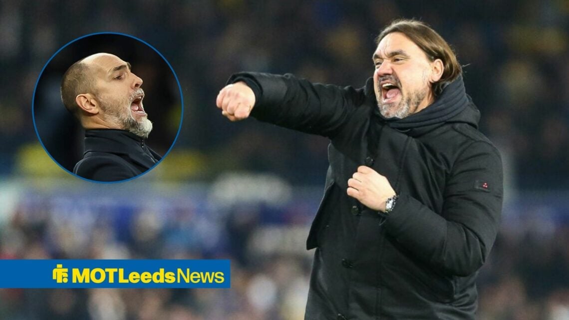 Daniel Farke, Leeds United manager, punching the air in celebration of a win at Elland Road, while looking at now sacked former interim Tottenham m...