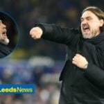 Daniel Farke, Leeds United manager, punching the air in celebration of a win at Elland Road, while looking at now sacked former interim Tottenham manager, Igor Tudor.