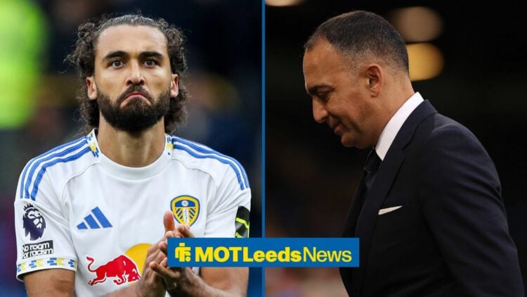 Dominic Calvert-Lewin looking in the direction of Leeds United owner, Paraag Marathe,