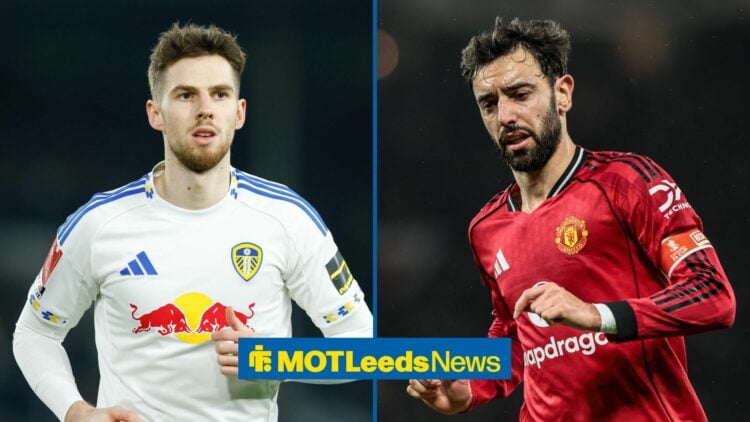 50/50 image of Leeds United's Anton Stach playing in the Premier League while next to Manchester United midfielder Bruno Fernandes who is also play...