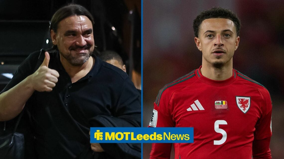 Daniel Farke looking in the direction of Leeds United defender Ethan Ampadu, who is wearing his Wales jersey.
