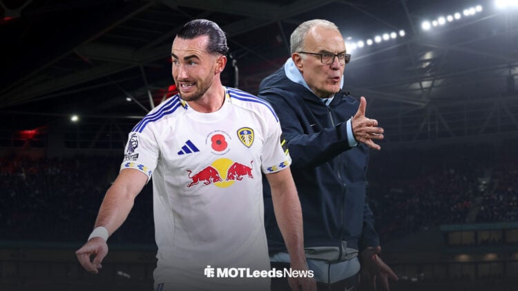 Jack Harrison in action for Leeds United, with Marcelo Bielsa alongside him