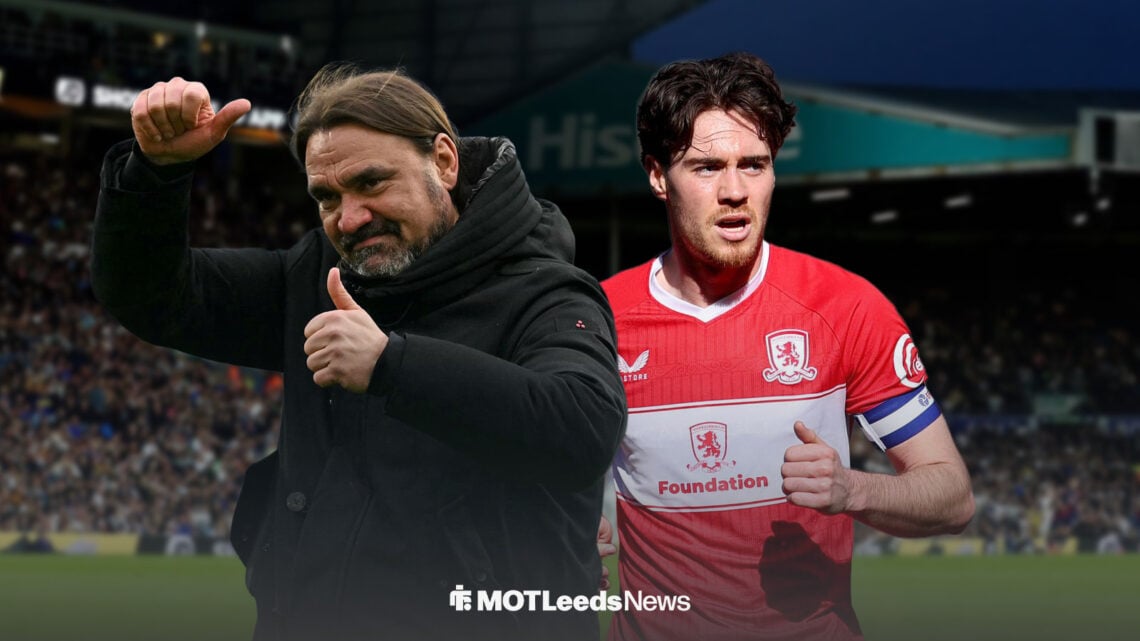 Leeds United manager Daniel Farke looking happy in the direction of Middlesbrough's Hayden Hackney.