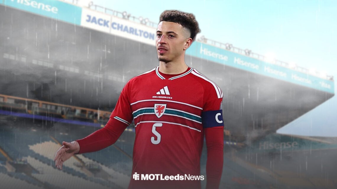 Leeds united defender Ethan Ampadu in his Wales jersey in front of Leeds United's stadium, Elland Road.