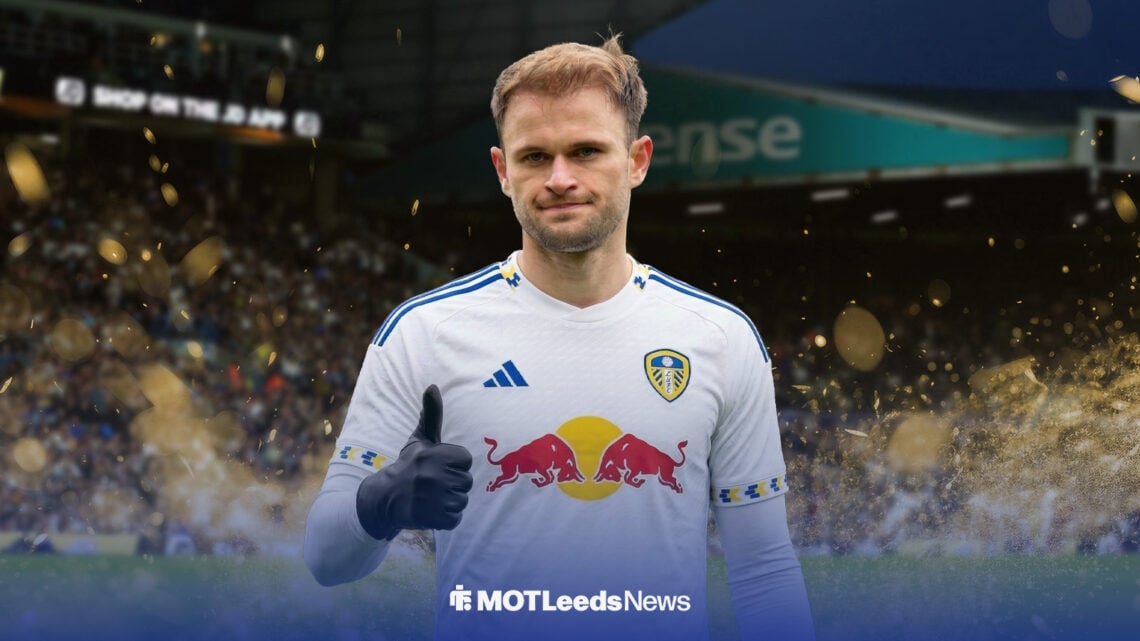 Southampton star Leo Scienza in a Leeds United shirt inside of Leeds United's stadium, Elland Road.