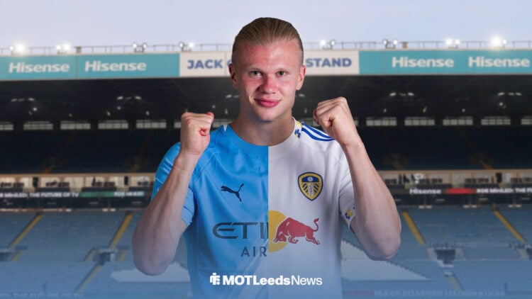 Erling Haaland in half a Man City top and half a Leeds kit at Elland Road.