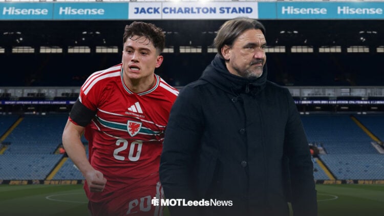 Dan James in a Wales kit as Daniel Farke looks on