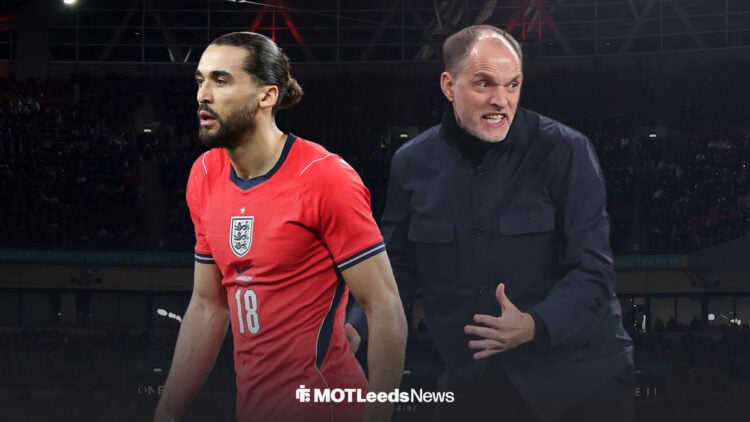 Dominic Calvert-Lewin in action for England, with Thomas Tuchel alongside him