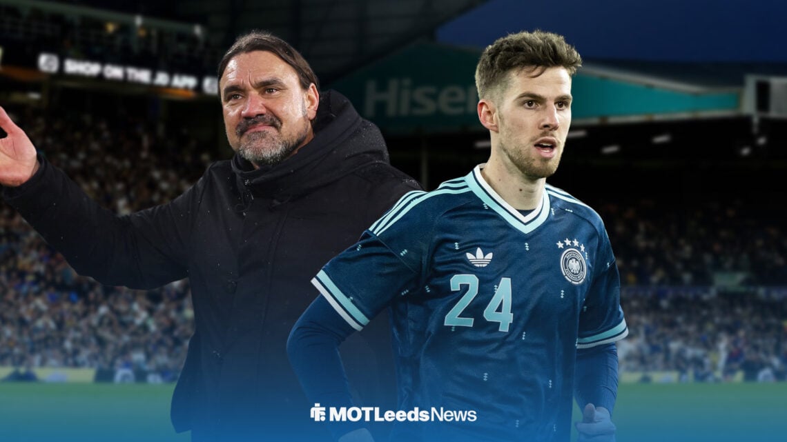 Daniel Farke and Anton Stach, with Elland Road as the background.