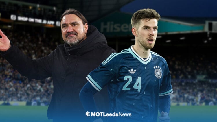 Daniel Farke and Anton Stach, with Elland Road as the background.