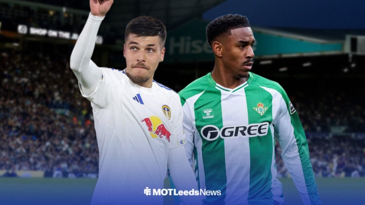 Joel Piroe alongside Junior Firpo at Elland Road