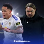 Noah Okafor in action for Leeds United with Daniel Farke behind him