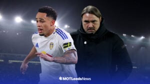 Noah Okafor in action for Leeds United with Daniel Farke behind him