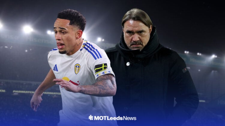 Noah Okafor in action for Leeds United with Daniel Farke behind him