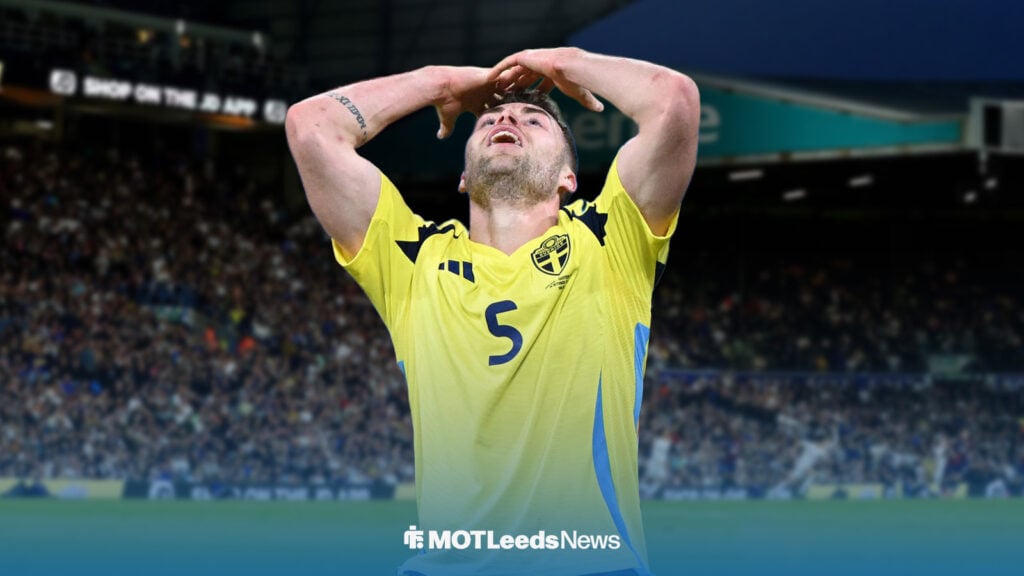 Leeds United left-wing back Gabriel Gudmundsson looking unhappy in his Sweden shirt outside of Elland Road.