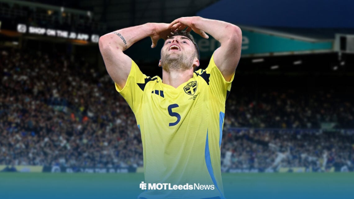 Leeds United left-wing back Gabriel Gudmundsson looking unhappy in his Sweden shirt outside of Elland Road.