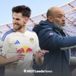 Anton Stach in action for Leeds in front of London Stadium alongside Nuno Espirito Santo