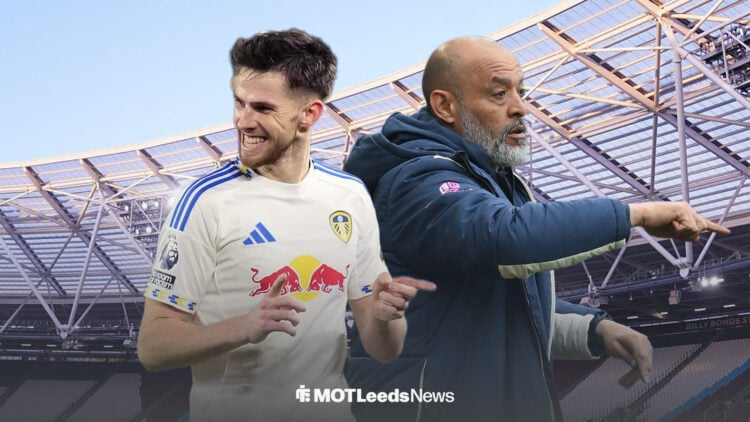 Anton Stach in action for Leeds in front of London Stadium alongside Nuno Espirito Santo