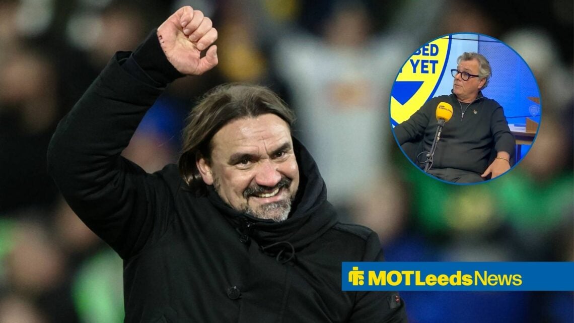 Daniel Farke celebrating next to a circular inset of Pete Lowy.