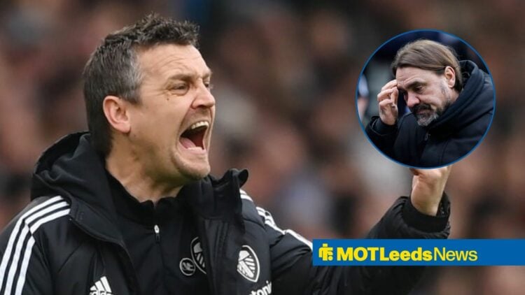 Michael Skubala shouts on the touchline during his interim spell in charge of Leeds, alongside a circular inset (top right) of a dejected Daniel Farke