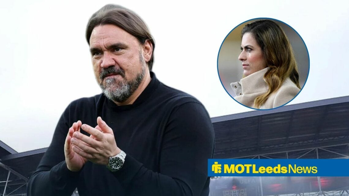 Karen Carney in circular inset looking left at applauding Daniel Farke