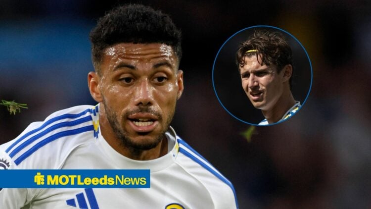 James Justin in action, as Brenden Aaronson (inset) looks on