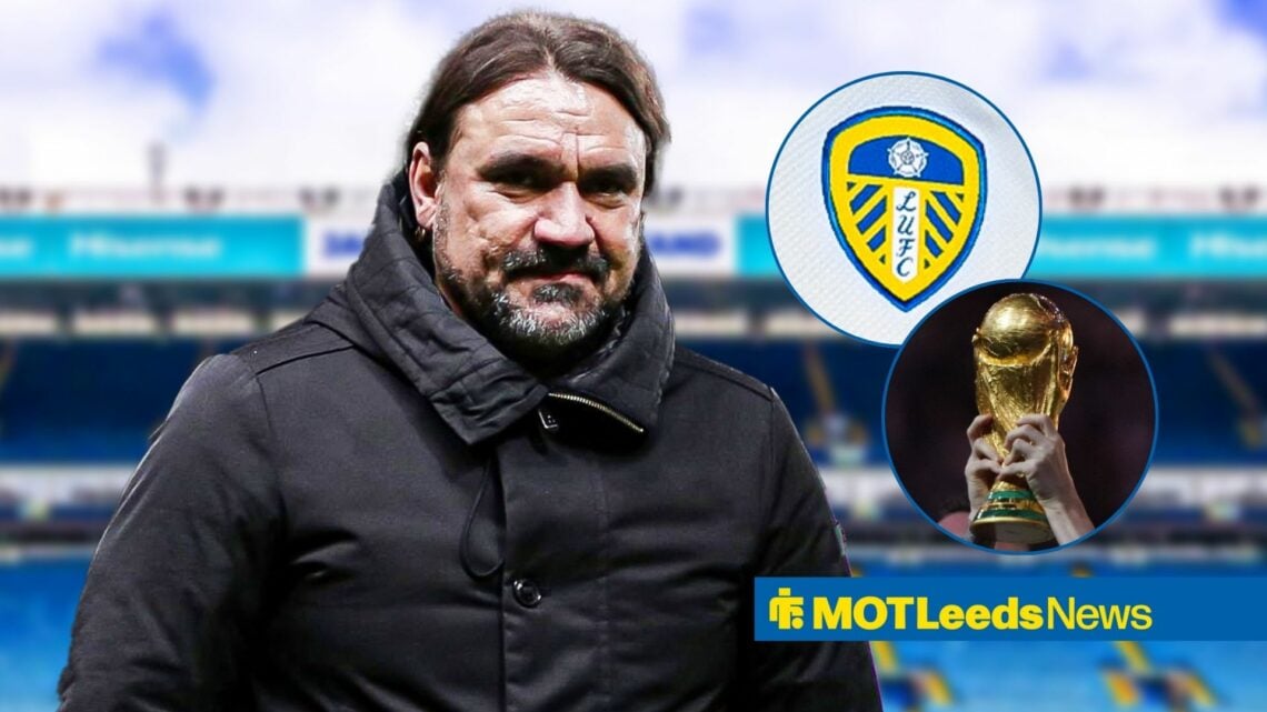 Daniel Farke looks on with circular inset of Leeds United badge and World Cup trophy