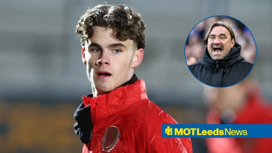 Harry Gray in action for Rotherham United as Daniel Farke shouts in circular inset