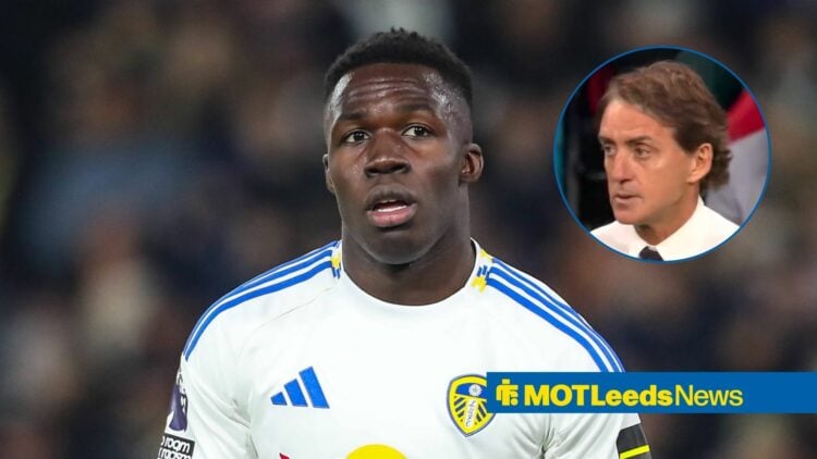 Wilfried Gnonto in action for Leeds with Roberto Mancini in circular inset