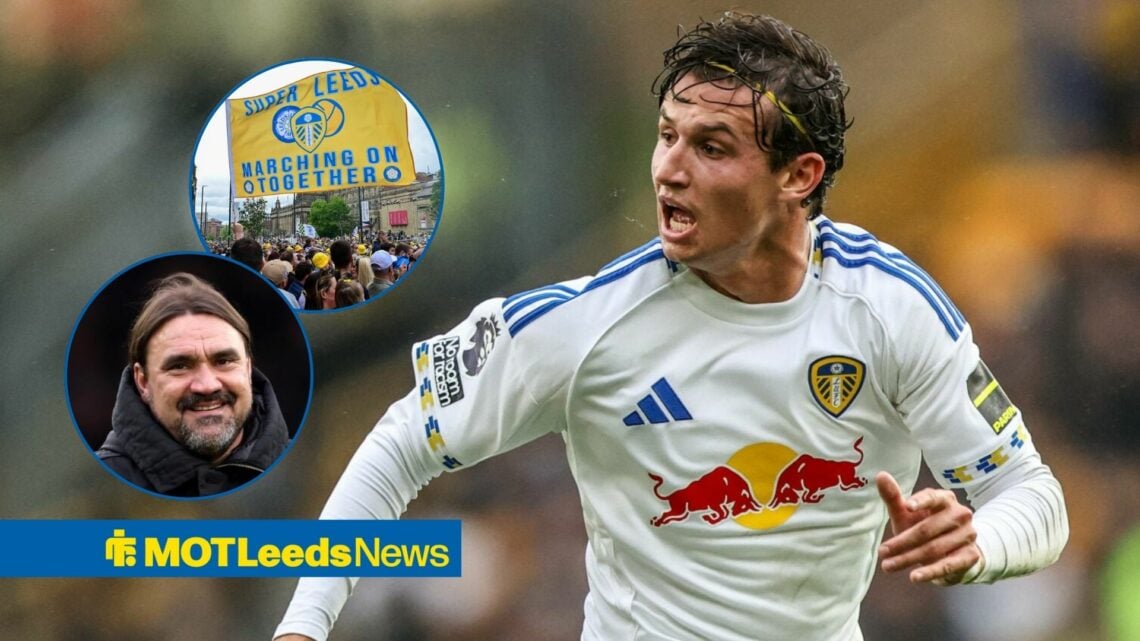 Brenden Aaronson looking at Leeds United fans and Leeds manager, Daniel Farke.