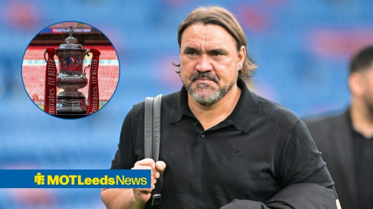 Daniel Farke looks on for Leeds United with circular inset of FA Cup