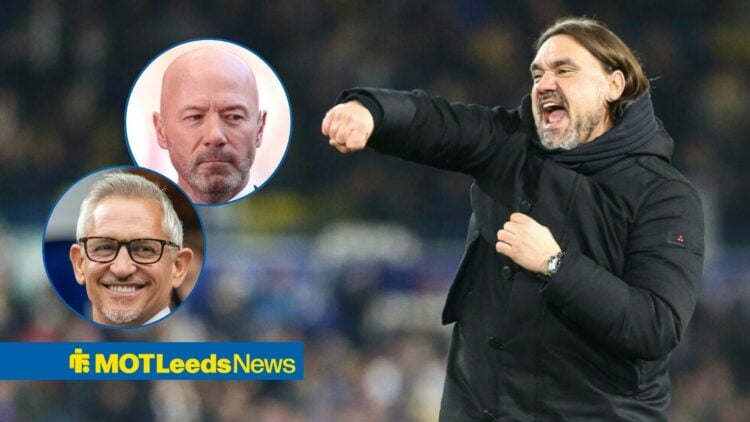 Alan Shearer and Gary Lineker looking in the direction of Leeds boss, Daniel Farke.