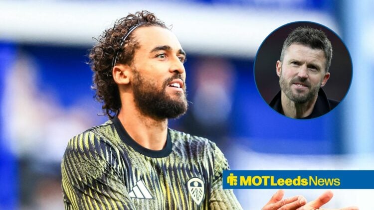 Dominic Calvert-Lewin smiling with Michael Carrick in circular inset looking worried