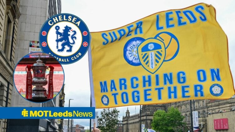 Leeds United fans with a flag with FA Cup trophy and Chelsea badge in circular inset